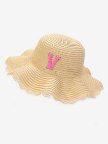 1pc 26 Alphabet Customized Kids Straw Hat With Flower Lace Brim, Suitable For Gifts, Daily Outings, Picnics, Sun Ion, Beach Vacations - Light Khaki - View 24