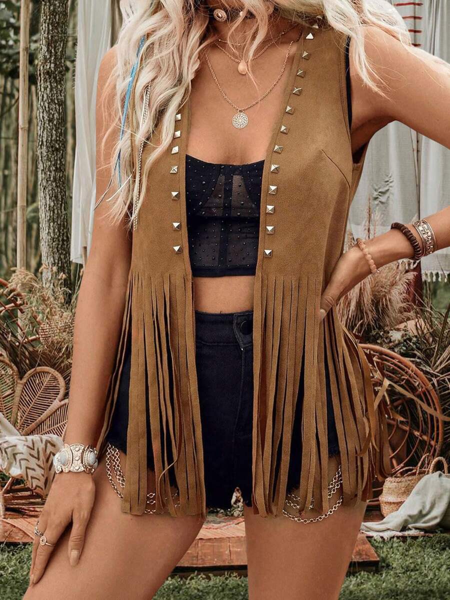 Women Rivet Tassel Vest Open Front Sleeveless Faux Suede Vest Jacket Hippie Costumes - Coffee Brown - View 1