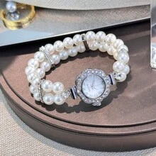 1 pièce Montre-bracelet femme avec perles, deux rangées, style ample, boîtier incrusté de strass, cadran avec chiffres arabes, mode, pratique et confortable, quartz