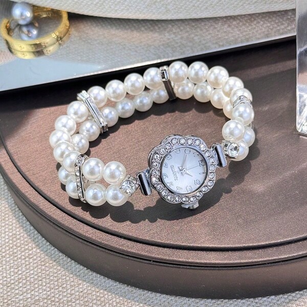 1 pièce Montre-bracelet femme avec perles, deux rangées, style ample, boîtier incrusté de strass, cadran avec chiffres arabes, mode, pratique et confortable, quartz
