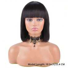 Tóc giả bob bằng tóc thật có mái, dễ đội, không cần keo dán, tóc giả thẳng bằng máy, độ dày 180%, màu đen có mái dành cho nữ. - Natural Black - Xem 9