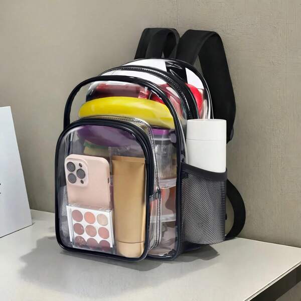 1pc Small Clear Back Pack School Bag Black Backpack Bookbag Transparent PVC Mini Backpack For Women School Travel Gym Beach Music Sports Activities Casual Style For Outdoor Sports Or Travel Convenience Back To School Essentials With Adjustable Strap
