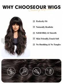 渐变棕色合成假发，带刘海，长款自然卷发，适合女士日常派对、角色扮演、圣诞假发，适合女孩