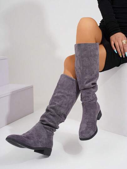 Botas de moda de ajuste ceñido de velur arrugado con estiramiento, 2025 Nuevas, Elegantes y versátiles, Botas sobre la rodilla y de media pantorrilla