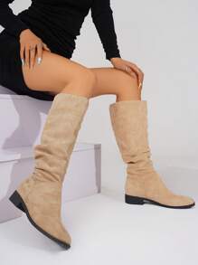 2025年新款褶皱天鹅绒弹力修身时尚靴子，百搭过膝中筒靴 - 卡其色 - 查看 6