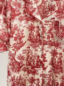 Red Summer Women Pajamas Set Sleepwear Short Sleeve With Pants Nightwear Loose Print Home Clothes Lounge Wear - 紅色 - 查看 6
