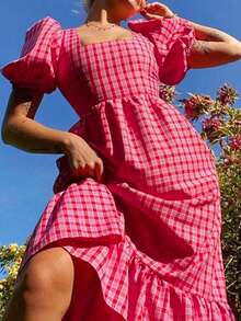 Plaid Print Long Dress With Puff Sleeves, Flare Skirt, Square Neck, Midi Casual Dress, Suitable For Vacation, Travel, Graduation, Party, Spring/Summer - Hot Pink - View 4