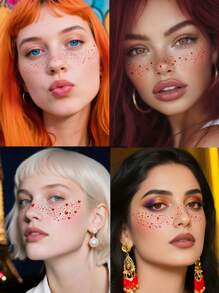 6 Blatt rote glitzernde Sommersprossen Gesichts-Tattoos, funkelnde Sommersprossen-Glitzer-Tattoos mit Herz-, Punkt- und Stern-Muster, rote wasserfeste Glitzer-Temporäre Tattoos für Erwachsene, tägliches Make-up für Reisen, Festivals und Partys