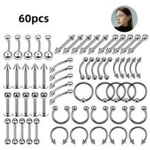 100 pièces Lot de bijoux de perçage, Anneau de nez 14G 16G 20G, Labret de lèvre, Anneau de langue, Boucle d'oreille cartilage en acier inoxydable, Accessoires de piercing corporel Barbell