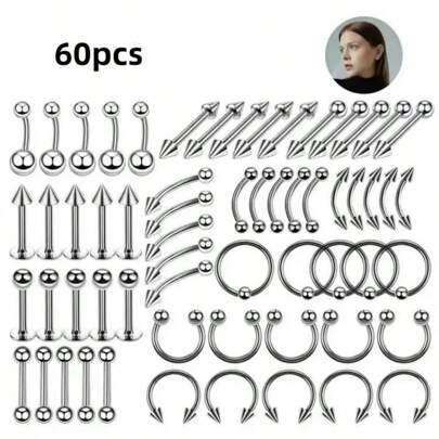 100pcs Piercing Jewelry Set, 14G 16G 20G Nose Ring, Lip Labret, Tongue Ring, Stainless Steel Cartilage Earring, Barbell Body Piercing Accessories