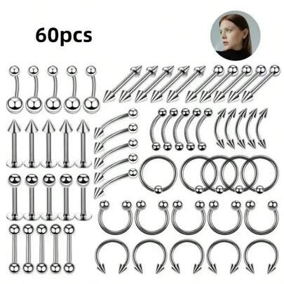 100pcs Piercing Jewelry Set, 14G 16G 20G Nose Ring, Lip Labret, Tongue Ring, Stainless Steel Cartilage Earring, Barbell Body Piercing Accessories
