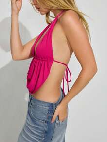 Women's Sexy Backless Halter Tank Top Y2K Spaghetti Strap Deep V Neck Cami Crop Tops Summer  Sleeveless Back Tie Up Camisole Cropped Shirt Casual Going Out Tops Vests Club Streetwear - Hot Pink - View 4