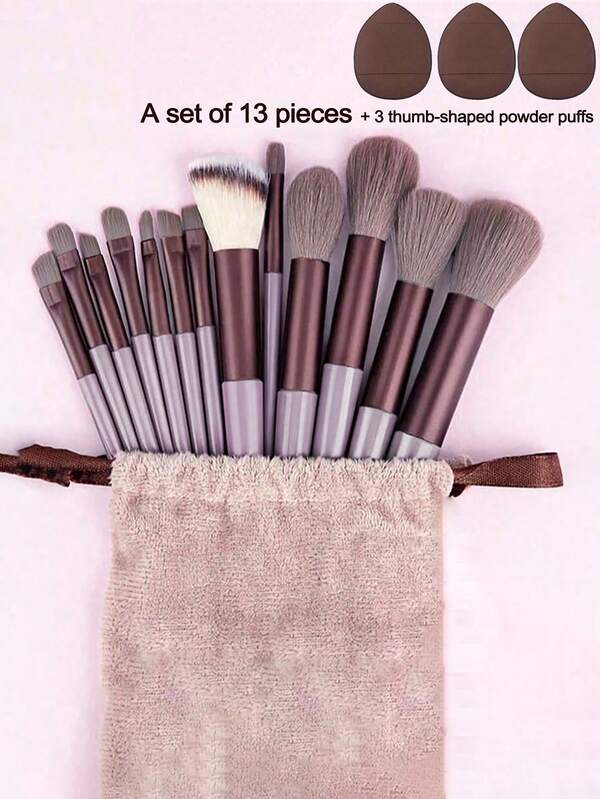 طقم أدوات تجميل 16 قطعة من YISE مع 13 فرشاة مكياج وحقيبة تخزين و3 بوف بودرة إبهام بني للاستخدام بالجاف والرطب، أدوات مكياج إسفنجية