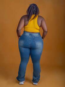 CurvyTilda Tildaharris Plus Size Women Retro Denim Flare Pants With Side Pleats, Slimming, Blue, For Hourglass Body Shape - Blue - View 2