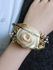 2pcs/Set Elegant Ivory Rose Flower Brooch And Wrist Corsage Set, Suitable For Bride And Groom Wedding Decor, Formal Events, Parties,Summer,Beach,Festival,Party - Beige - View 5