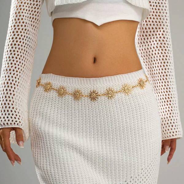 Corrente de cintura de metal com girassol dourado e prateado para mulheres, acessório ajustável e moderno, adequado para combinar com vestidos e calças para uso diário no verão
