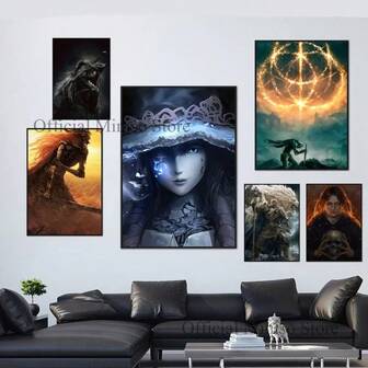 1 pieza Póster artístico de pared opcional con marco Pop E-Elden Ring, póster artístico autoadhesivo de papel impermeable para decoración de pared de cafetería, bar o habitación, Pop