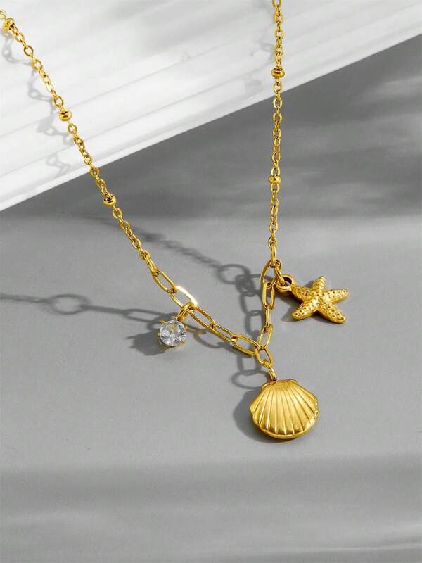 1 pieza Collar colgante con forma de estrella de mar y concha de acero inoxidable con circonita para uso diario y regalo, estilo veraniego