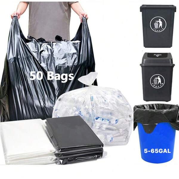 1-65Gallon 100Pcs/50pcs/20Pcs/10Pcs Heavy Duty X-Large Black/Clear Trash Bags Industrial Packaging Bag Trash Bags Tall Kitchen, Vegetable Bag Big Clear/Black Trash Bags Industrial Quality Garbage Bag