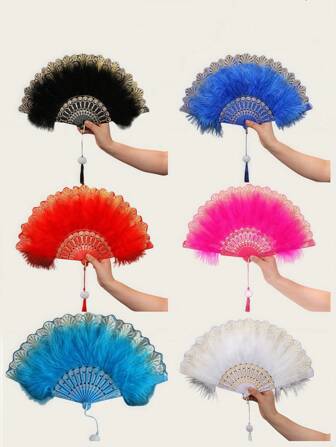 1pc Feather Fan, Fashionable Retro Beautiful Plastic Ribs Handmade Folding Feather Fan With Gold Plated Edging, Suitable For Performance, Runway, Dance, And Decoration