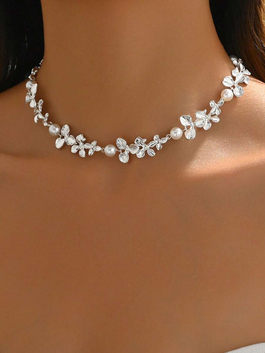 1 chiếc vòng cổ hoa bạc thanh lịch mùa hè, vòng cổ hoa đính ngọc trai giả kiểu dáng ngọt ngào, thời trang, phù hợp để đeo hàng ngày, đi nghỉ mát và làm trang sức cưới. - Bạc - Xem 1