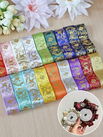 4.5m/Roll 2.5cm Wide Colorful Elegant Romantic Hot Stamping Polyester Ribbon, For Gift Packaging, Cake Baking Packaging, Flower Gift Wrapping, Wedding Decoration, Handmade DIY, Headwear, Brooches, Clothing Accessories Ribbons