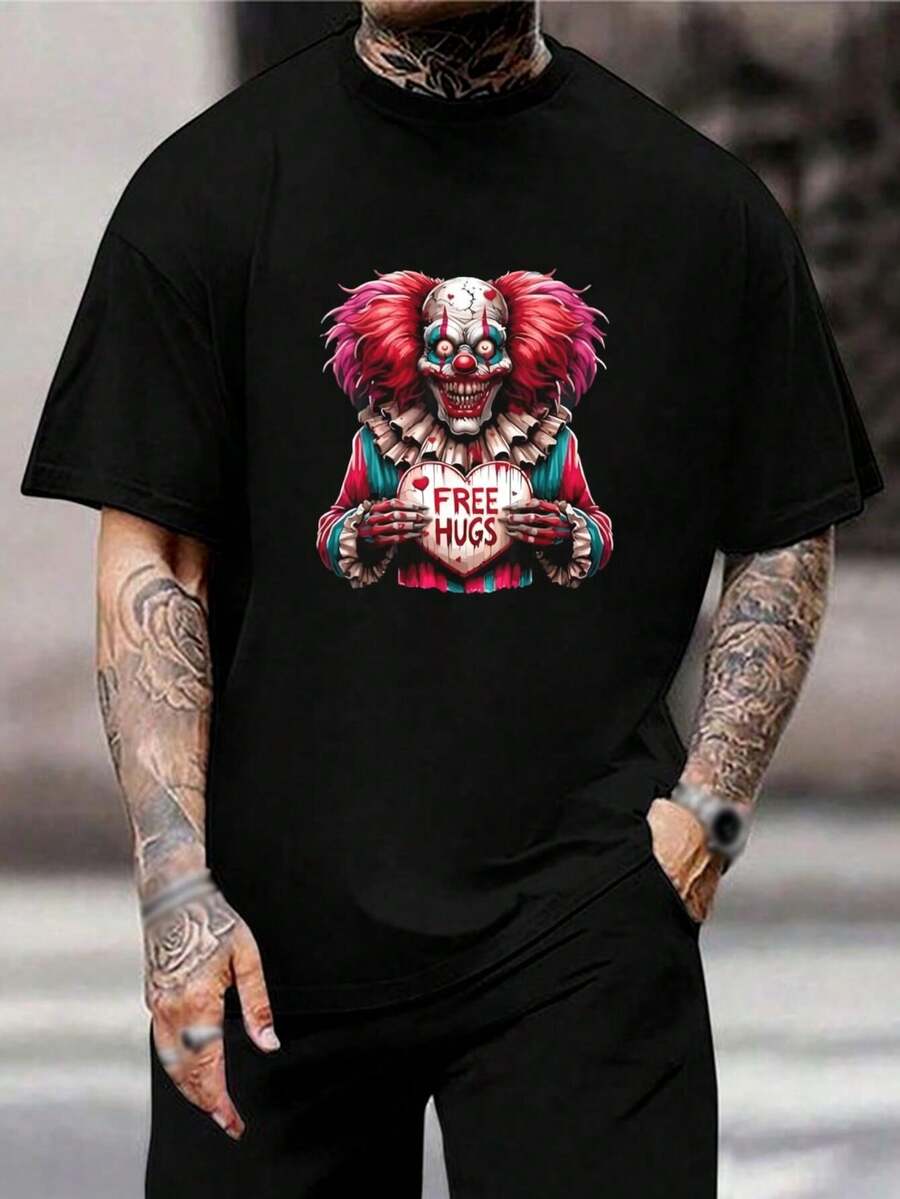Camiseta de payaso espeluznante, abrazos gratis, unisex para hombre, camiseta gráfica de terror, camiseta de disfraz de Halloween, diseño de payaso aterrador, algodón, manga corta - Negro - Ver 1