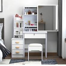 34.8" Elegant White Makeup Vanity Desk With Sliding Lighted Mirror & Touch Control 3-Color Adjustable Lights, 4-Drawer Dressing Table Set With Stool, Storage Shelves – Modern Space-Saving Vanity Table For Bedroom, Perfect Gift For Little Girls, Women, Wife (Birthday, Christmas, Mother's Day) - Vanity desk with stool - 查看 11