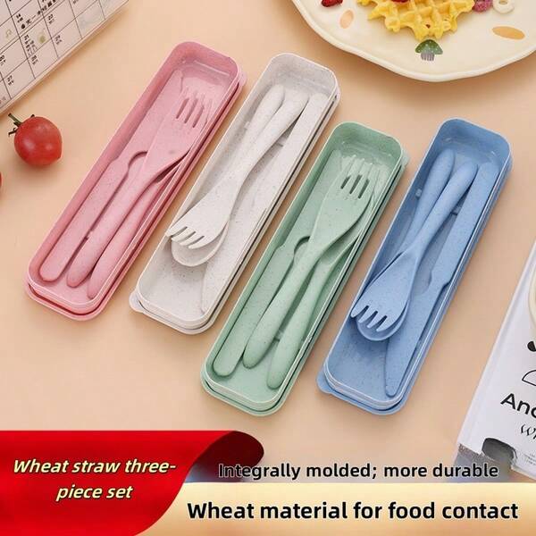 4pcs/Set Portable Knife Fork Spoon Cutlery Set With Box, Reusable Travel Outdoor Dining Utensils, Pink Wheat Straw, Tableware, For Travel, Picnic, Camping