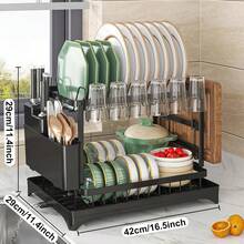 Three-In-One Dish Rack, Chopstick Holder And Chopping Board Rack, Retractable Storage Under The Counter, No Need To Drill Holes, Retractable Draining Storage Rack, Anti-Rust And Anti-Mold Countertop Storage Tool - Lớp kép màu đen - Xem 2