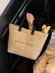Fashionable Tote Bag - Large Capacity, Made Of Lightweight PVC And Kraft Paper, With Hook And Loop Closure, Stylish Choice For Women - Beige - View 5