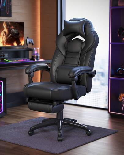 Silla Gaming, Silla de Oficina, Ordenador, Diseño Ergonómico, con Reposapiés, Reposacabezas Ajustable, Cojín Lumbar, Capacidad de Carga 150 kg, Negro