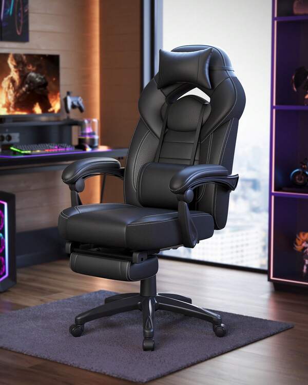 Silla Gaming, Silla de Oficina, Ordenador, Diseño Ergonómico, con Reposapiés, Reposacabezas Ajustable, Cojín Lumbar, Capacidad de Carga 150 kg, Negro