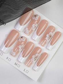 10pcs Sweet And Fresh White Carved Square Press On Nails, Minimalist Three-Dimensional Flower French-Style Handmade Fake Nails, White Flower Design, Flower Core Embellished With Shiny Rhinestones, Essential Nail Art For Summer, Suitable For Daily, Casual And Relaxed Occasions, The Best Gift For Women And Girls Nail Supplies Handmade Press On Nails - Multicolor - View 6