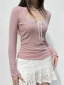 Women Y2k Clothes Coquette Bow Lace Trim Long Sleeve Crop Tops Teen Girls Fairy Grunge Vintage Going Out Tops - Hồng - Xem 6