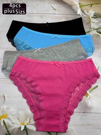 4pcs Lace Trim Hollow Out Plus Size Breathable Briefs For Women, Suitable For Mothers, Wives, Female Friends
