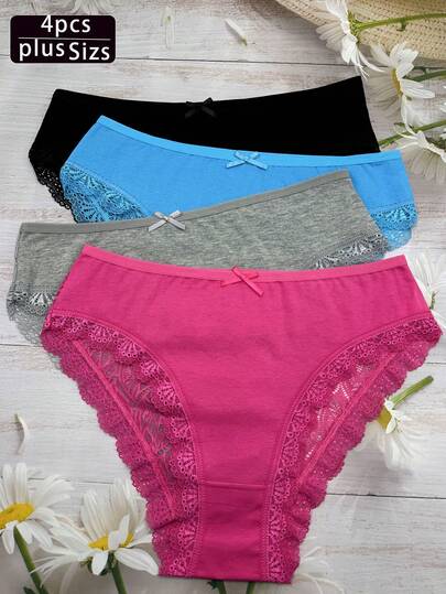 4 st spetsdetaljer ihåliga plusstorlekar, andningsbara trosor för kvinnor, lämpliga för mödrar, fruar, kvinnliga väninnor