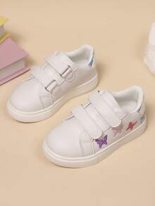 Kids Butterfly Embroidered Anti-Slip Soft Bottom Hook And Loop Casual Sports Shoes, Suitable For Students All Season - White - View 2