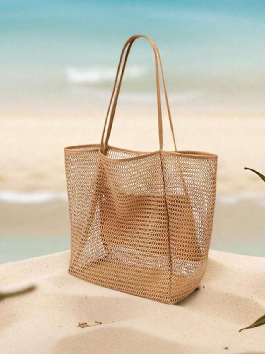 Travel Bag Beach Nylon Mesh Tote Bag, Casual Tote Bag Hobo Women Foldable MAX 23L Shoulder Bag For Beach Picnic Vacation, Beach Necessities,Beach Essentials,Beach Stuff & Summer Essentials - Khaki - View 1