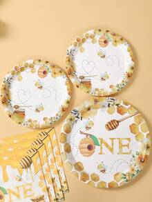 40 Peças Conjunto Descartável de Utensílios de Mesa com Tema de Abelha, Inclui 8 Pratos de Papel de 7 Polegadas e 9 Polegadas, 8 Copos de Papel, 16 Guardanapos e Talheres de Papel, Adequado para Feriados Familiares, Suprimentos para Festa de Aniversário com Tema de Abelha, Lembrancinhas de Festa - Conjunto de pratos de abelha - Visão 5