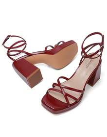 Reitoye Summer Women's Platform Strappy Heels Sandals Prom Square Toe Chunky Heel Ankle Strap Gold Heels Wedding Shoes - Đỏ Burgundy - Xem 9