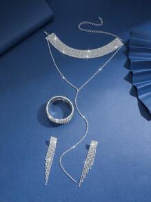 Conjunto de 4 piezas de joyería de lujo con colgante, aretes y pulsera con cristales negros y borlas, un regalo perfecto para estudiantes, parejas, novias o uso diario. Joyería versátil y elegante.