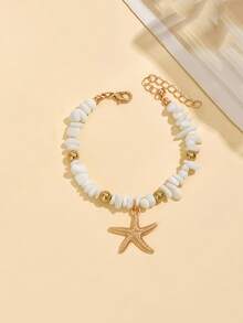 1 件海洋度假风格白色鹅卵石串珠手链，时尚金属合金海星吊坠首饰，适合女性休闲、海滩派对、音乐节、旅行 - 彩色 - 查看 2