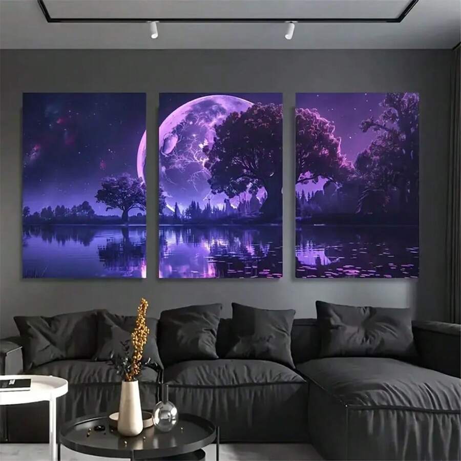 3PCS Big Purple Moon Canvas Art Print, Modern Wall Decoration Living Room, Bedroom, Studio And Corridor Large Wall Arts Posters Optional Frame ,Wall Art With Frame