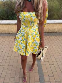 Vestidos de moda elegantes y casuales de estilo resort para mujer en primavera y verano con diseño de estampado de limón, sin tirantes, con nudo, sin mangas, escote halter y línea A, en mini longitud