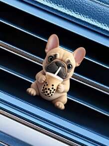 1pc 2D Acrylic Cute French Bulldog Drinking Bubble Tea Car Air Vent Clip, Decorative And Functional Car Accessories