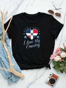 Camiseta de corazón con bandera de República Dominicana para mujer - Patriótica, elegante, orgullosa - Camiseta "Amo mi país" - Negro - Ver 1