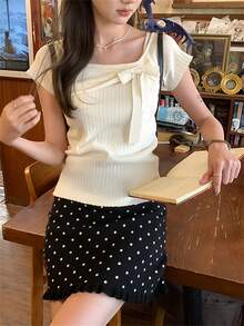 纯色性感露肩蝴蝶结短袖针织毛衣，甜美优雅修身女衫，夏季新品