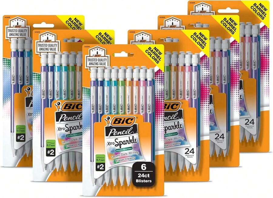 BIC Xtra-Sparkle Number 2 Mechanical Pencils With Erasers (MPLP241-BLK), Medium Point (0.7mm), 24-Count Pack, Cute Mechanical Pencils For Girls, Boys And Adults (Barrel Colors May Vary) Back To School - 0.7mm - View 1