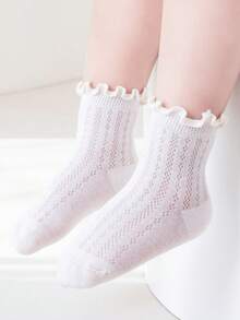 3 pares de nuevos calcetines para niños con volantes, calcetines de malla transpirable con textura hueca de estilo versátil Ins para niñas pequeñas - Blanco - Ver 6